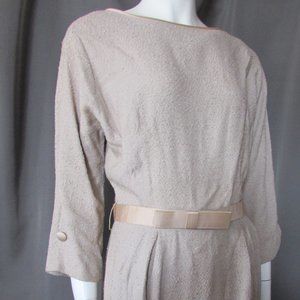 1960 Era Vintage Day Dress Nubby Oatmeal & Satin - image 1